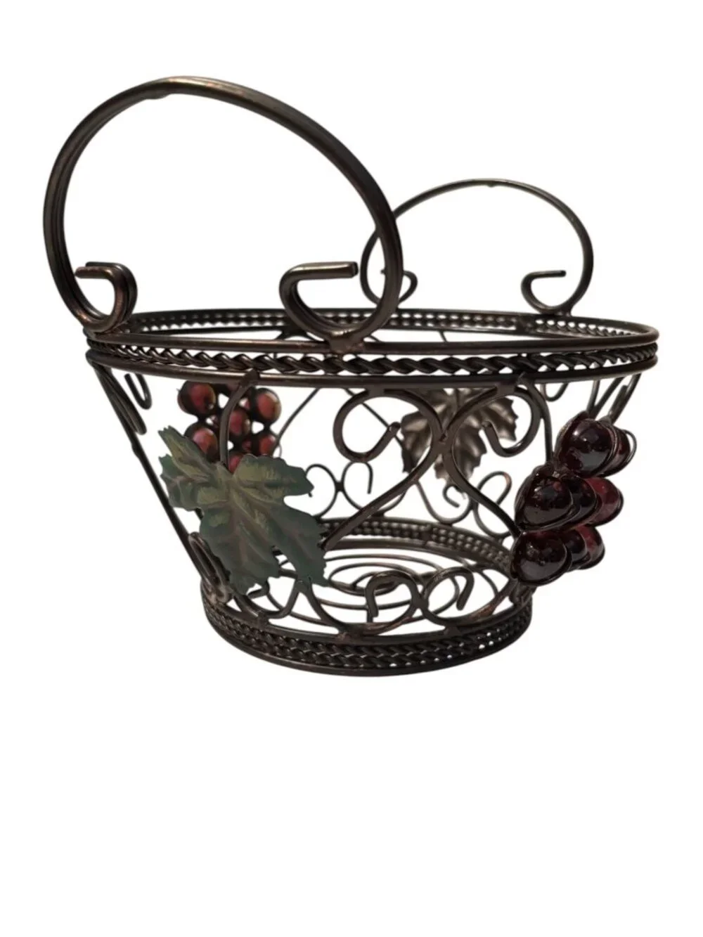 Decorative Wire Basket With Grape Motif &  Glass Accents Metal Construction Rust